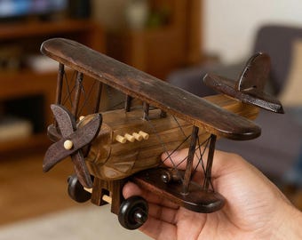 Wooden Airplane Model, Vintage Plane Model, Wood Biplane Model, Wooden Plane Toy, Aircraft Decor, Aviation Gift, Propeller Airplane