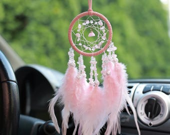 Acchiappasogni rosa per auto, acchiappasogni per specchietto retrovisore, ciondolo a forma di piuma per auto, acchiappasogni boho per auto, piccolo acchiappasogni per auto, ciondolo a forma di piuma per auto