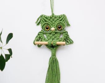 Gufo da appendere alla parete in macramè, decorazione con gufo in stile boho, gufo verde in macramè, decorazione con gufo fatta a mano, decorazione da parete con gufo per cameretta dei bambini, grazioso gufo da appendere alla parete, decorazione con gufo per cameretta dei bambini