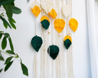 Arazzo da parete in macramè con piume, decorazione da parete con foglie in macramè, decorazione da parete con foglie, arazzo da parete in stile bohémien, decorazione da parete in stile bohémien, decorazione con foglie in macramè