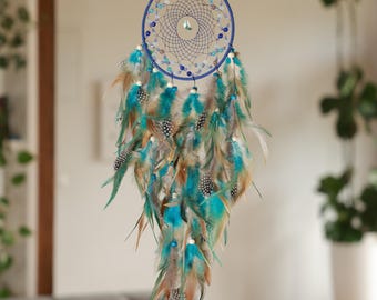 Acchiappasogni con piume turchesi, acchiappasogni con piume blu, acchiappasogni boho, acchiappasogni per la casa, acchiappasogni da parete con piume turchesi