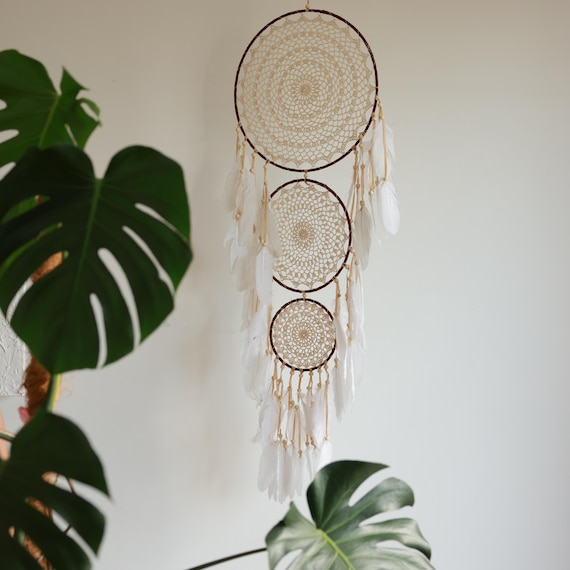 Beige Feather Dreamcatcher, Large Boho Dreamcatcher, Boho Wall Hanging, Native americans decor, Crochet dreamcatcher, Triple Dreamcatcher