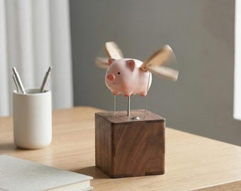 Wooden Flying Pig Automaton, Unique Flying Pig Figurine, Fun Desk Decor,Kinetic Pig Toy,Quirky Home Decor,Wooden Art Gift,Kinetic Wooden Toy