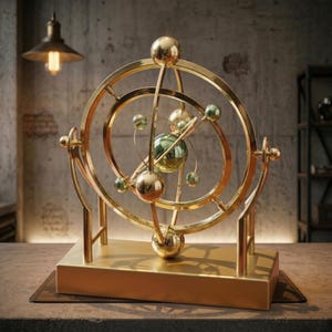 Puede incluir: Un modelo de esfera armilar decorativa de color dorado con múltiples anillos y esferas. El modelo se asienta sobre una base rectangular y presenta una esfera verde central. El fondo incluye una pared de hormigón y una lámpara colgante.