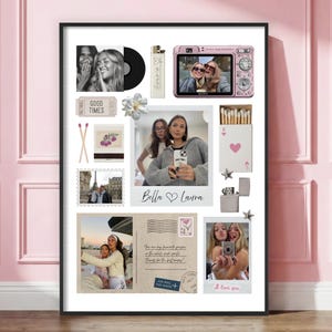 May include: A framed collage featuring various photographs and objects. Includes a pink digital camera, a vinyl record, a lighter, and a matchbox. The collage also has the text "Bella ♡ Laura" and "I love you".