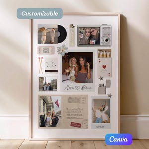 Könnte beinhalten: Ein gerahmtes Collage mit mehreren Fotos und dekorativen Elementen. Enthält eine Schallplatte, eine Vintage-Kamera, Streichhölzer und ein Feuerzeug. Das Wort "Customizable" steht oben und "Canva" unten.