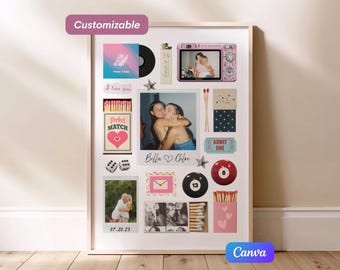 Pode incluir: Uma colagem emoldurada com fotos, adesivos e elementos decorativos. Inclui uma câmera rosa, um disco de vinil, um isqueiro e uma bola de bilhar. Os textos "Customizable" e "Canva" são visíveis.