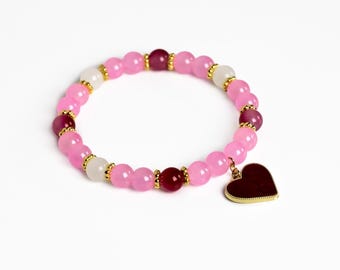 Valentine's Beaded Jewelry Bracelet with Heart Charm | Glass Beads | Cubic Zirconia | Charm | 8mm | 7 inches