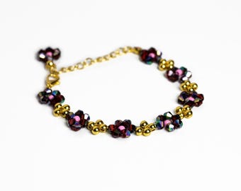 Adjustable Gold Beaded Flower Jewelry Bracelet with Flower Charm | Bicone Beads | Seed Beads | Spacer Beads | Charm | 4mm | 7 inches