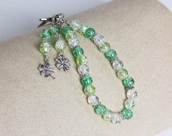Silver Rhodium Four Leaf Clover St. Patrick's Day Beaded Keychain with Charms | Glass Beads | Rhodium Chain | 8mm | 6  inches