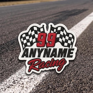 May include: Embroidered patch with a racing theme. The patch features the number "99" in red, the text "ANYNAME Racing" in black and red, and two checkered flags. The patch is white with a black border.