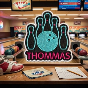 Custom Name Bowling Patch - Personalized Bowling Ball and Pins Embroidered Badge - Iron On / Sew On for Jackets, Gym Bags - Bowler Gift