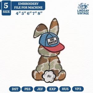 May include: An embroidery file for machine embroidery featuring a bunny wearing a blue and red cap with the text "EGG HUNTER". The bunny has a camouflage pattern and a white flower-shaped design. The file sizes are 4", 5", 6", 7", and 8".