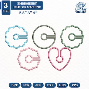 May include: An embroidery file for machine with five different designs in various shapes, including a heart, circle, and scalloped edges. The file sizes are 2.5", 3", and 4". The image also includes the text "EMBROIDERY FILE FOR MACHINE" and "LINDSAY VINTAGE".