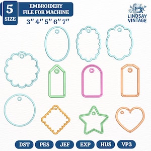 Satin Tags or Ornaments Embroidery Design, ITH Oval Scalloped Tag Bundle, Machine Embroidery Digital File Download