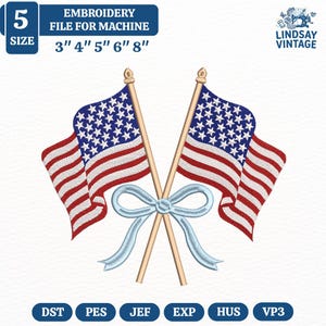 May include: An embroidery file for machine showing two American flags crossed with a light blue ribbon. The flags have red and white stripes and a field of white stars on a blue background. The file sizes are 7.6 cm, 10.2 cm, 12.7 cm, 15.2 cm, and 20.3 cm.