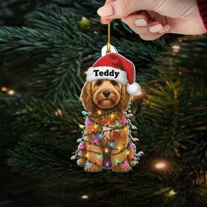May include: A Christmas ornament featuring a brown dog wearing a Santa hat with the name "Teddy" on it. The dog is wrapped in colorful Christmas lights, creating a festive holiday decoration.