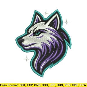 May include: Embroidered wolf head design in profile, with a white face, teal outline, and purple and black accents. The wolf has teal eyes and is surrounded by small starbursts. The image is on a white background.
