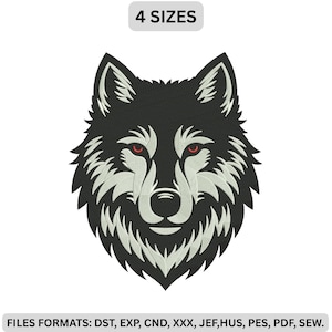 Könnte beinhalten: Ein Stickdesign mit einem stilisierten Wolfskopf mit schwarzem und hellgrauem Fell, stechend roten Augen und einer spitzen Schnauze. Der Text 4 SIZES steht oben und der Text FILES FORMATS: DST, EXP, CND, XXX, JEF, HUS, PES, PDF, SEW. steht unten.