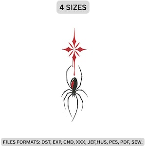 May include: An embroidery design featuring a black spider with a red abdomen hanging from a red four-pointed star. The text 4 SIZES appears at the top, and the text FILES FORMATS: DST, EXP, CND, XXX, JEF, HUS, PES, PDF, SEW. appears at the bottom.