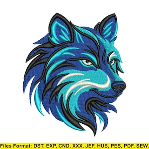 May include: Embroidered wolf head design in shades of blue, teal, black, and white. The wolf's profile is depicted with intricate details, showcasing a stylized, artistic aesthetic. The design is suitable for various embroidery projects.