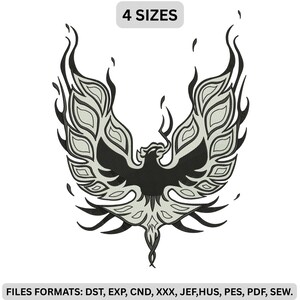 May include: An embroidery design of a stylised phoenix bird with wings spread upwards, rendered in black and light grey thread. The text 4 SIZES appears at the top, and the text FILES FORMATS: DST, EXP, CND, XXX, JEF, HUS, PES, PDF, SEW. at the bottom.