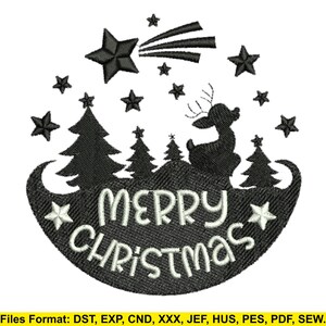May include: Black and white Christmas design featuring a deer, trees, stars, and the words "MERRY CHRISTMAS". The design includes a shooting star and is surrounded by a decorative border. The text is in a stylized font.