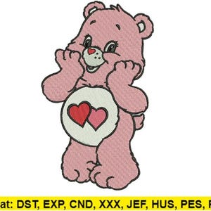 May include: Pink embroidered bear with a white belly featuring two red hearts. The bear is smiling and holding its paws up near its face. The image is a digital embroidery design. Files Format: DST, EXP, CND, XXX, JEF, HUS, PES, PDF, SEW.