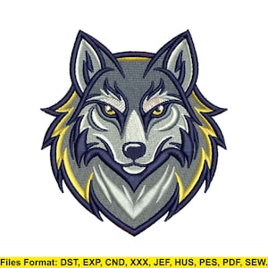 May include: Embroidered wolf head design in shades of gray, navy blue, and yellow. The wolf's face is centered, with detailed features including yellow eyes and a textured appearance. The image includes text at the bottom.