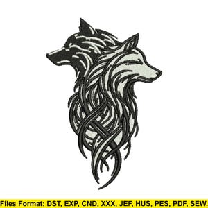May include: An embroidered design featuring two stylized wolves facing opposite directions. One wolf is black, the other is white, with intricate, flowing lines forming their manes and bodies. The design is set against a white background.
