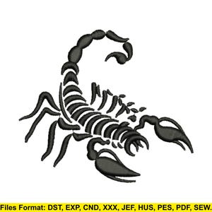 May include: Black embroidered scorpion design. The scorpion has a curved tail and detailed body segments. The image includes the text "Files Format: DST, EXP, CND, XXX, JEF, HUS, PES, PDF, SEW."