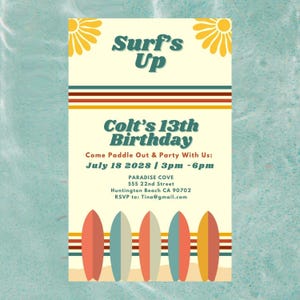 Surf&#39;s Up Summer Birthday Invitation Retro Digital Download