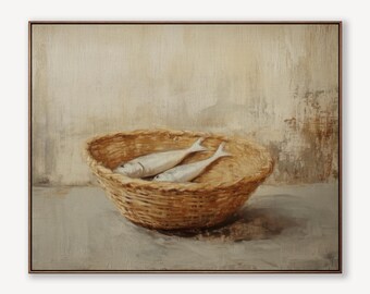 Five Loaves Two Fish Landscape, Farmhouse Kitchen Art, Canvas Wall Decor, Neutral Dining Room, Bible Story