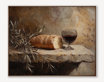 Könnte beinhalten: Ölgemälde eines Stilllebens mit einem Brotlaib, einem Glas Rotwein und Olivenzweigen. Das Brot ist geschnitten, das Weinglas gefüllt. Der Hintergrund ist strukturiert und neutral gefärbt.