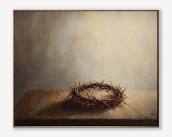 May include: A framed painting depicts a crown of thorns resting on a wooden surface. The crown is brown with sharp thorns. The background is a soft, neutral color, creating a somber and contemplative mood.