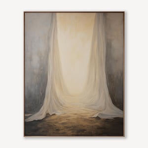 May include: An abstract painting in a rectangular, bronze-colored frame. The artwork depicts a central, bright, light-yellow space framed by two flowing, off-white curtains. The bottom of the painting is a dark brown, textured surface.