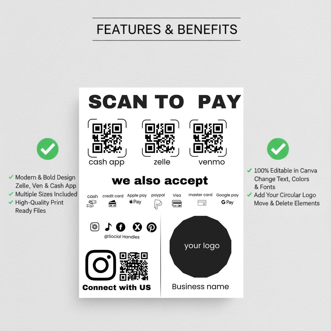 Scan to Pay Sign Template | QR Code Payment, Editable Canva (PDF) - Etsy
