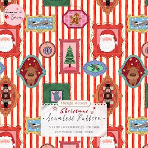 レトロなクリスマスフレームのシームレスパターン、手描きのサンタとトナカイのデジタルペーパー、ホリデーファブリックプリント