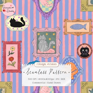 Puede incluir: Un patrón continuo con rayas verticales rosas y azules, decorado con varios marcos ornamentados que contienen ilustraciones de gatos, peces y flores. Un recuadro blanco muestra el texto 1 Design, 4 Colors, Seamless Pattern, 300 DPI, 4000x4000px, JPG, RGB, Commercial, Hand-Drawn.