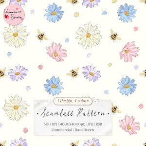 May include: A seamless pattern featuring hand-drawn daisies in white, blue, pink, and purple, with yellow bees on a cream background. The design includes the text "Seamless Pattern" and "1 Design, 4 colors".