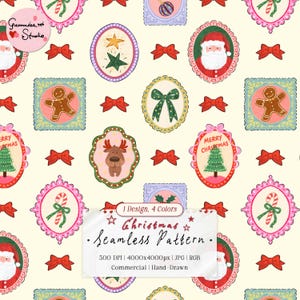 Op de afbeelding: Een naadloos patroon met kerstillustraties in decoratieve kaders, waaronder de Kerstman, peperkoekmannetjes, rendieren, zuurstokken en strikken. Tekst: 1 Design, 4 Colors, Christmas Seamless Pattern, 300 DPI, 4000x4000px, JPG, RGB, Commercial, Hand-Drawn.