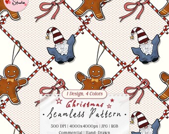 Modello senza cuciture natalizio con pan di zenzero e gnomi / Carta digitale per le feste stravaganti per lavoretti (download digitale)