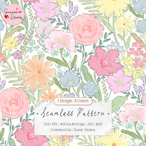 Könnte beinhalten: Ein nahtloses, handgezeichnetes Blumenmuster in Pastelltönen. Das Design zeigt rosa, pfirsichfarbene, gelbe und blaue Blumen mit grünen Blättern auf cremefarbenem Hintergrund. Der Text "Seamless Pattern" ist enthalten.