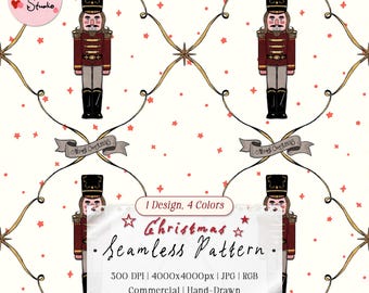 くるみ割り人形のクリスマスシームレスパターン | クラフト用ヴィンテージホリデーデジタルペーパー（デジタルダウンロード）