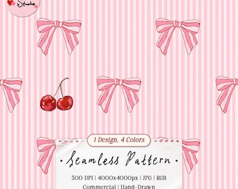 Cherry Bow Seamless Pattern | Pink Coquette Valentine Digital Paper for Gift Wrap (Digital Download)