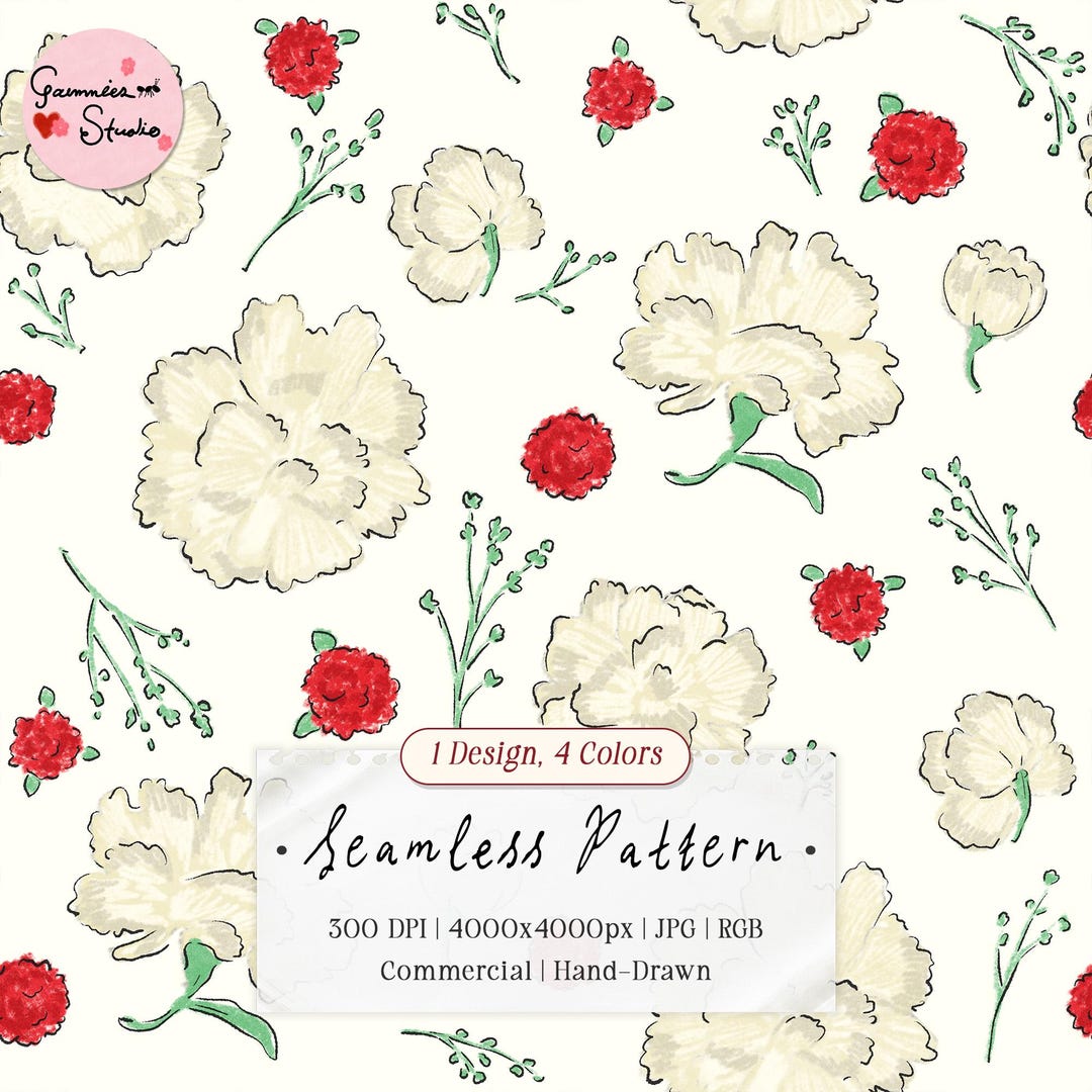 Handmade Carnation Pattern Vintage Carnation Floral Pattern | Hand-drawn Seamless Digital Paper ...