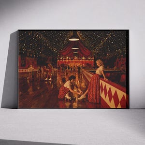 May include: A framed rectangular wall art print depicting a dimly lit indoor roller skating rink with a wooden floor. The scene features two individuals in white blouses and red patterned skirts, one kneeling to adjust roller skates, the other standing.