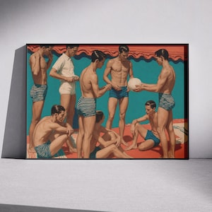 Peut inclure: Une impression d'art encadrée représentant un groupe de sept personnes en maillot de bain, réunies sur une surface rouge devant un mur turquoise vif. Les personnages portent des shorts rayés bleus ou blancs et des shorts unis, l'un tenant un ballon.