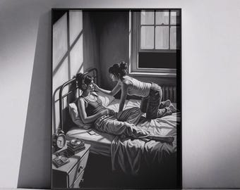 90s Grunge Sapphic Couple Print: Black and White Romantic Wall Art