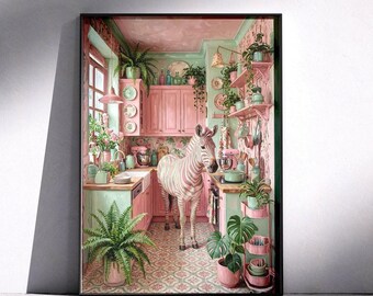 Whimsical Zebra Wall Art Print, Pink & Green Animal Poster, Cottagecore Maximalist Decor, Eclectic Boho